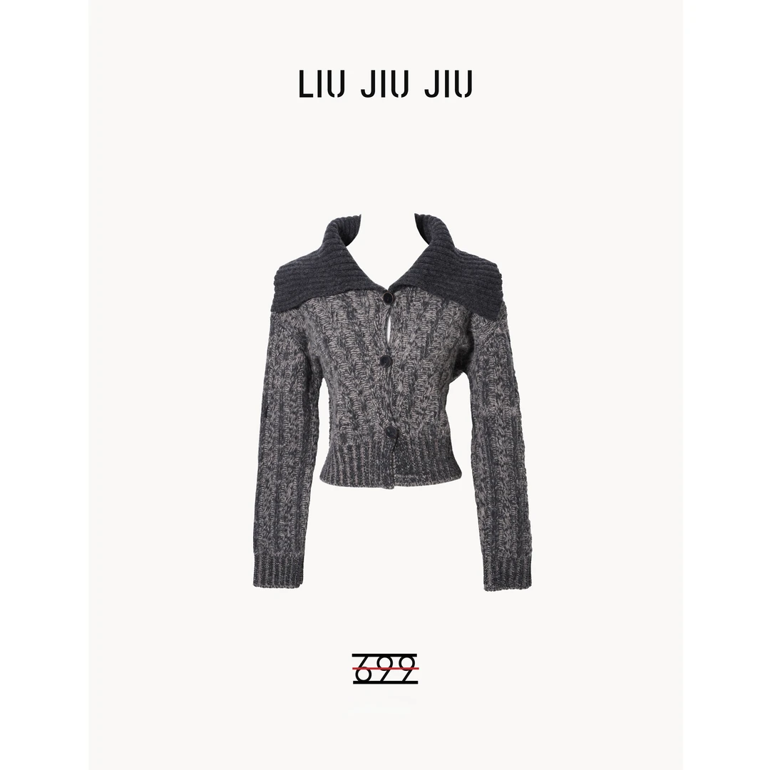 LIUJIUJIU 秋冬新款撞色翻领拼接粗制毛线设计感开衫外套WT4963L