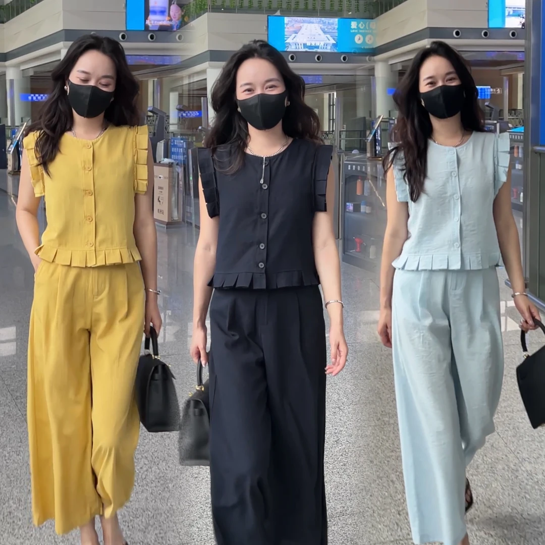 极简风木耳边无袖高腰阔腿裤慵懒风时尚套装女装减龄气质上衣时尚