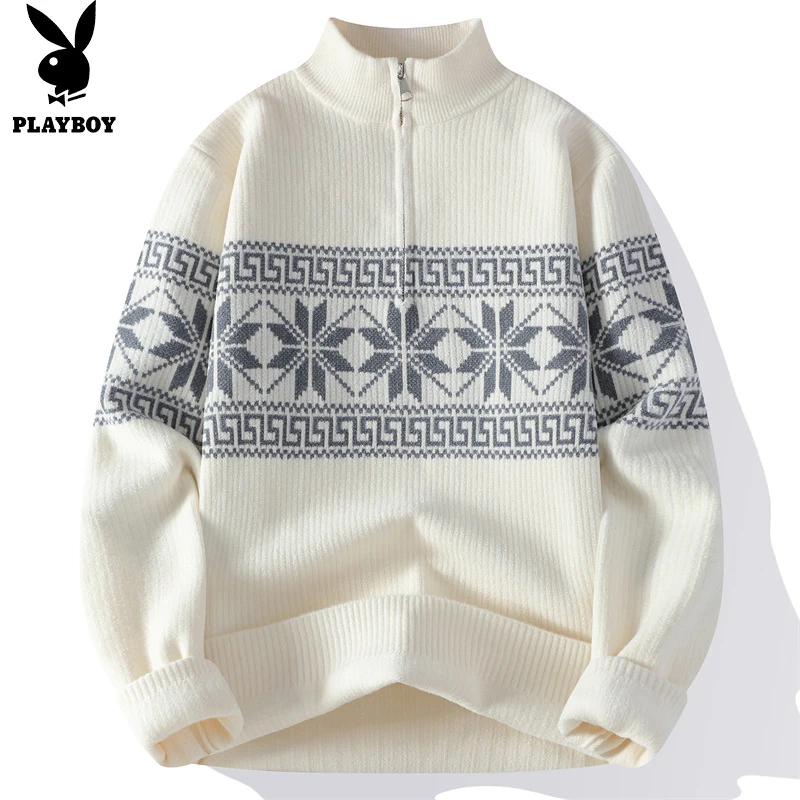 花花公子毛衣男士半拉链半高领秋冬季新款潮流百搭宽松休闲针织衫