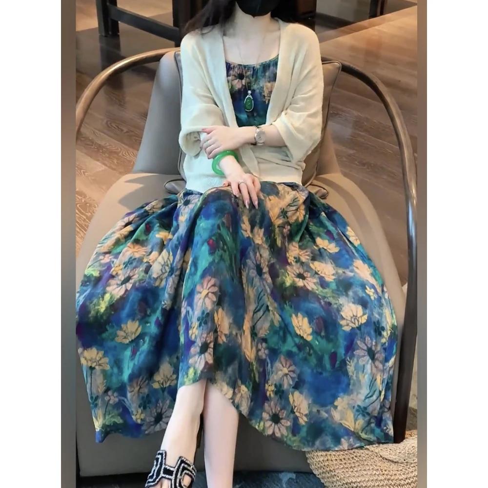 气质高级感碎花吊带连衣裙（配腰带）＋开衫两件套JYSDGZ380 021062