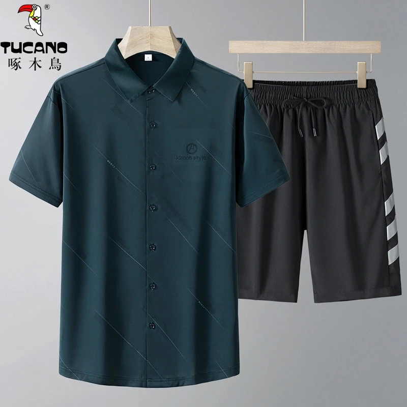 啄木鳥夏季新款爸爸装爆款休闲冰丝短袖短裤套装男款中老年高颜值