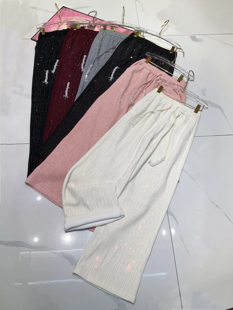 2025新款欧货高级感重工烫钻松紧腰百搭宽松阔腿休闲裤潮