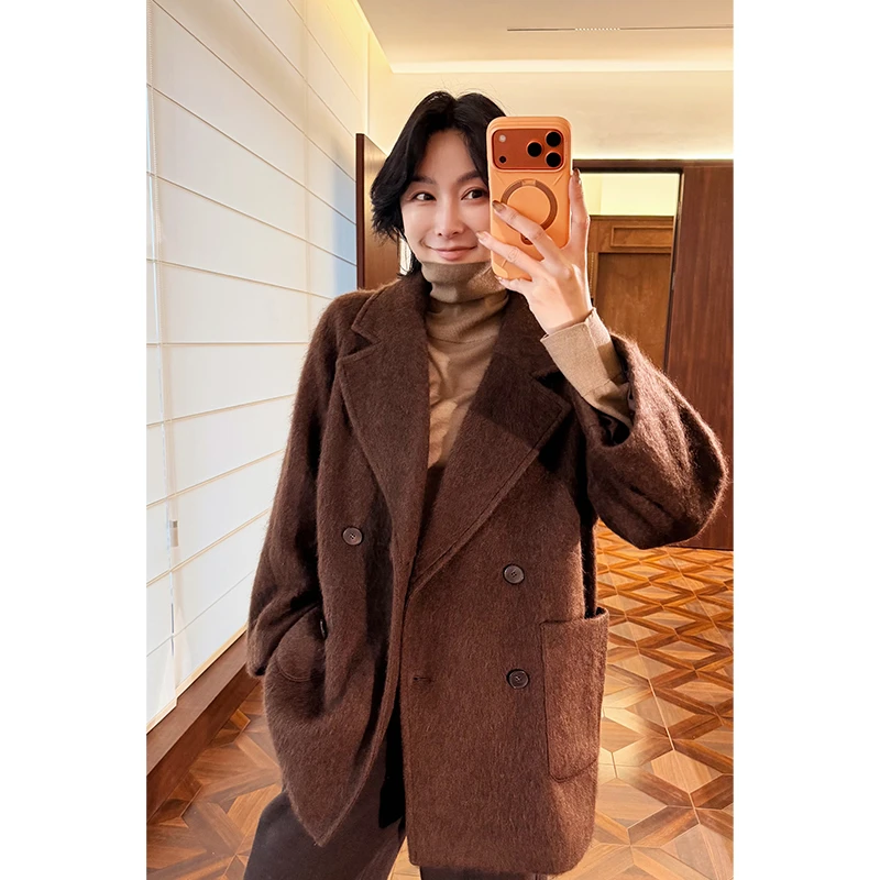 HERLAND她地【翻领棕毛】牦牛绒时尚气质中长款毛呢秋冬双排扣大衣