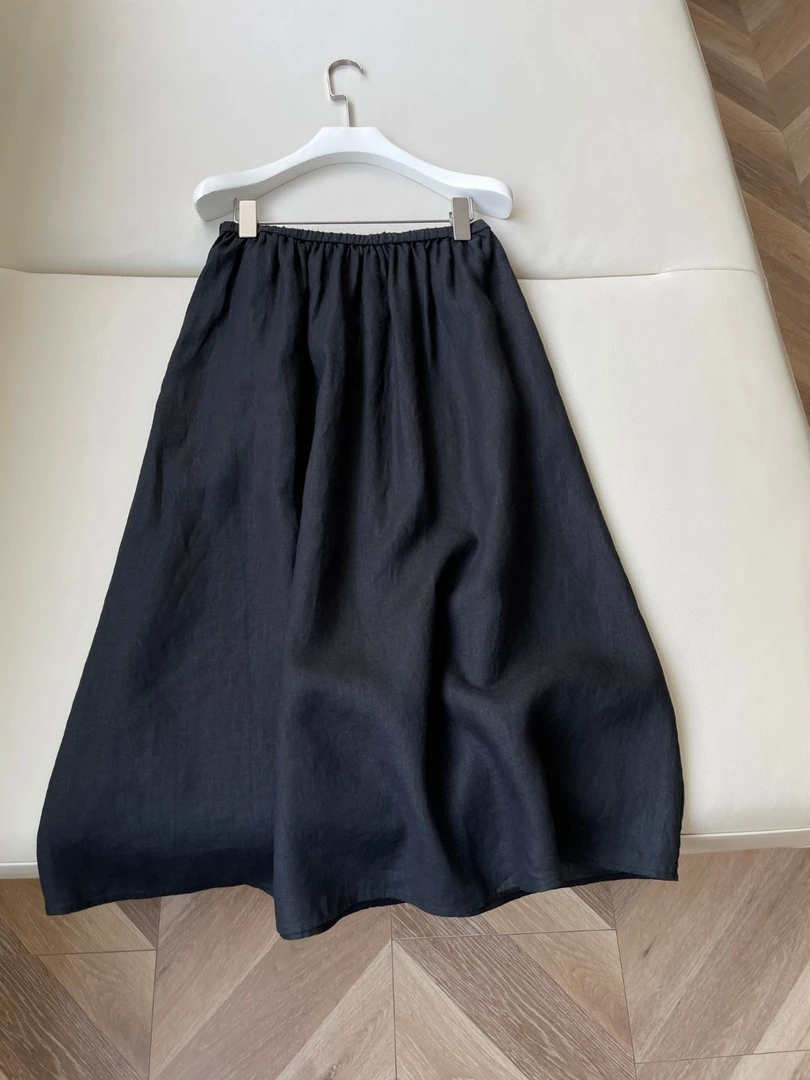 "雨露"高端系列松紧腰中长进口亚麻半裙