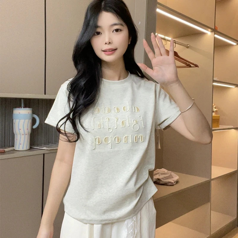 今年新款2025夏季灰色圆领短袖T恤女亮片刺绣显瘦港味超火上衣