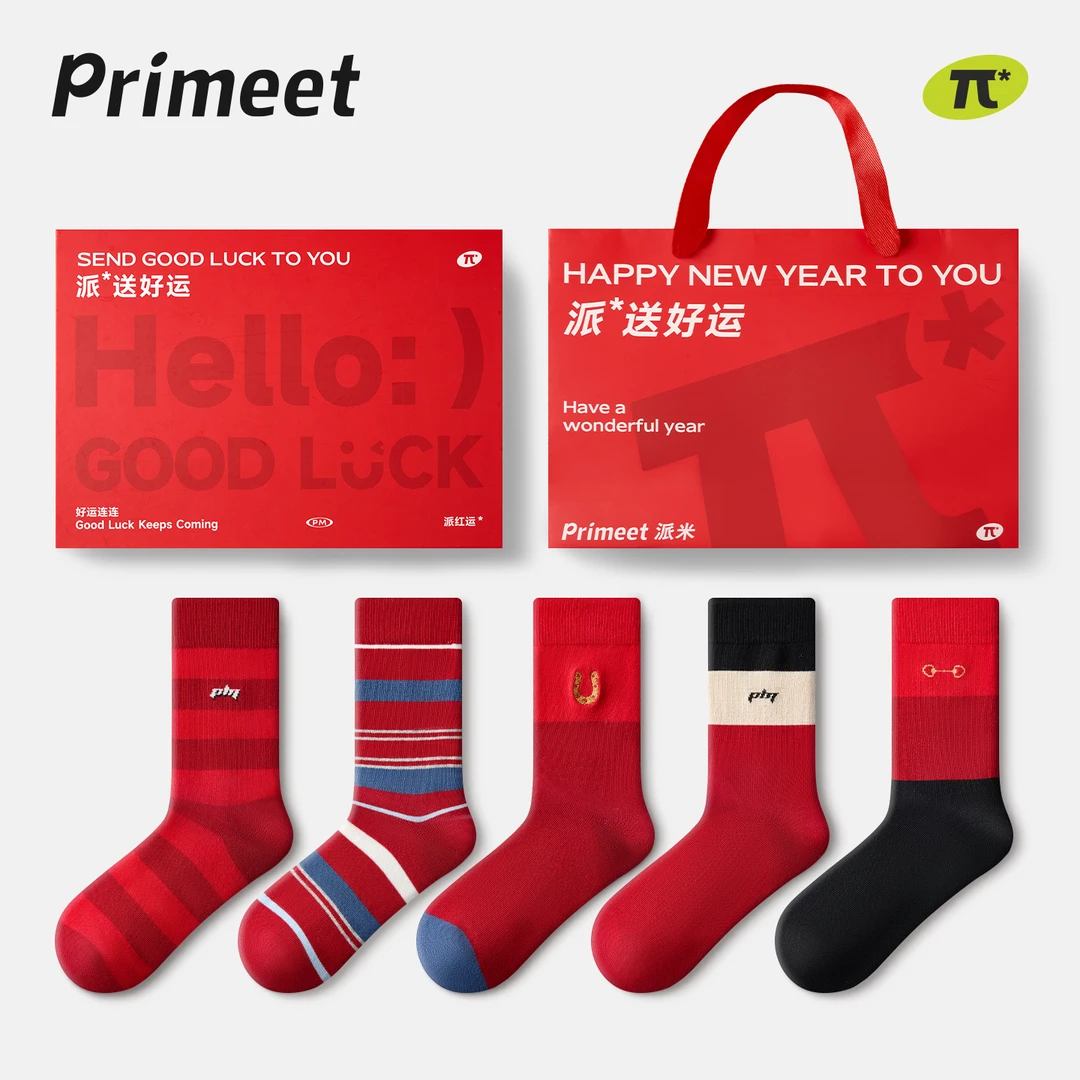 primeet红色袜子男款秋冬款保暖中筒袜马年本命年棉袜刺绣无骨袜