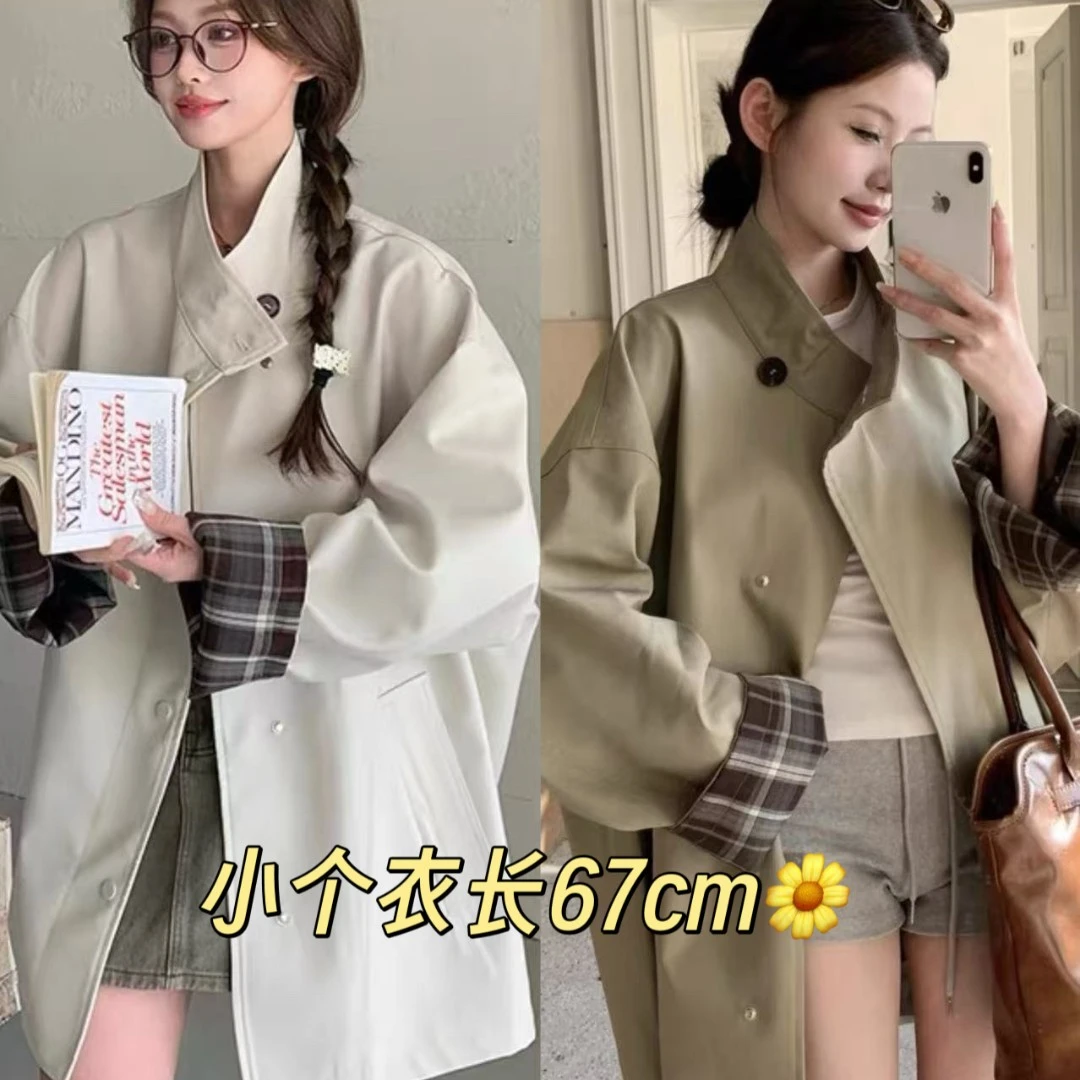 【艳子】182小个子格纹～高级立领中长款风衣外套