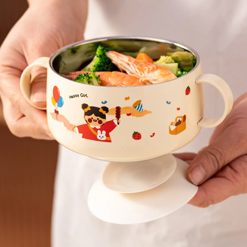 onlycook一家四口316L不锈钢碗食品级儿童双耳吃饭碗带盖子吸盘碗