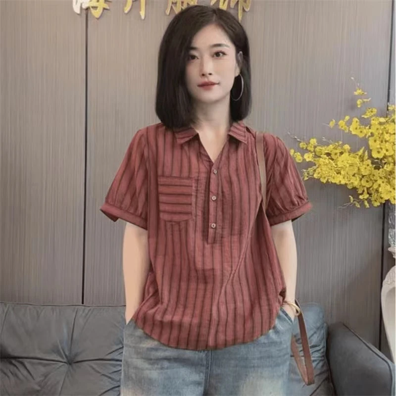 X9989时尚原宿风小衫上衣女2025夏季新款宽松条纹不规则衬衫女