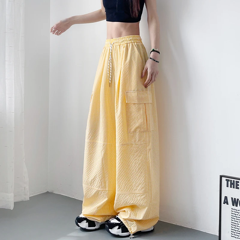 大码格子工装裤女夏季多巴胺胖mm梨形身材宽松显瘦轻薄舒适阔腿裤