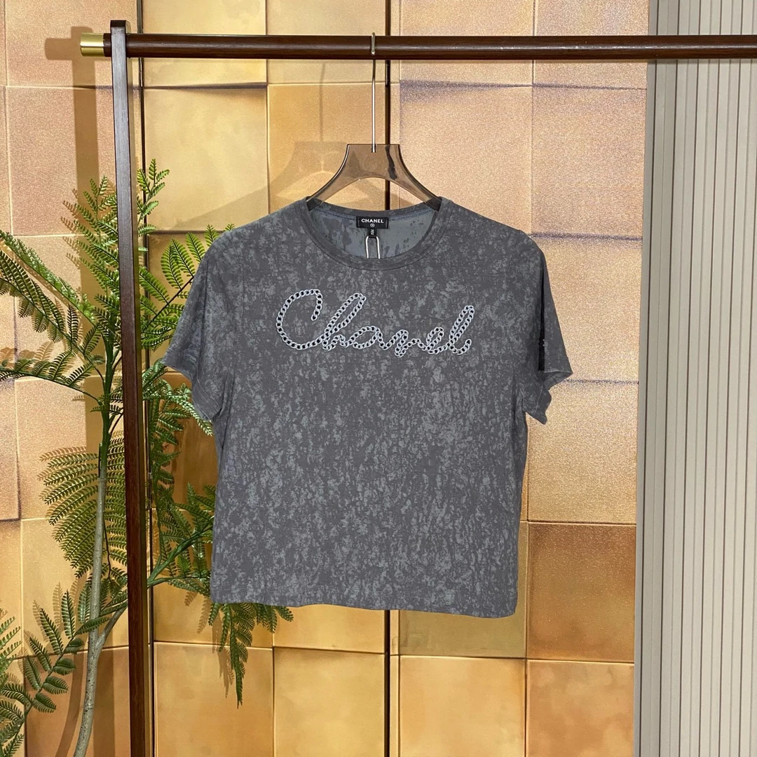 99新 Chanel/香奈儿 灰色双C金标渲染字母短袖/38码/23243
