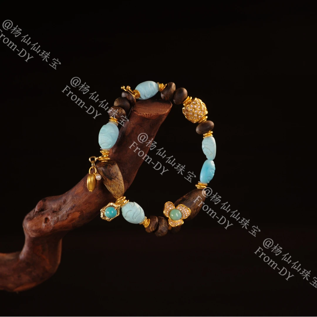 【杨仙仙珠宝】18K厚金镶嵌棋楠沉香多宝手串-A3685