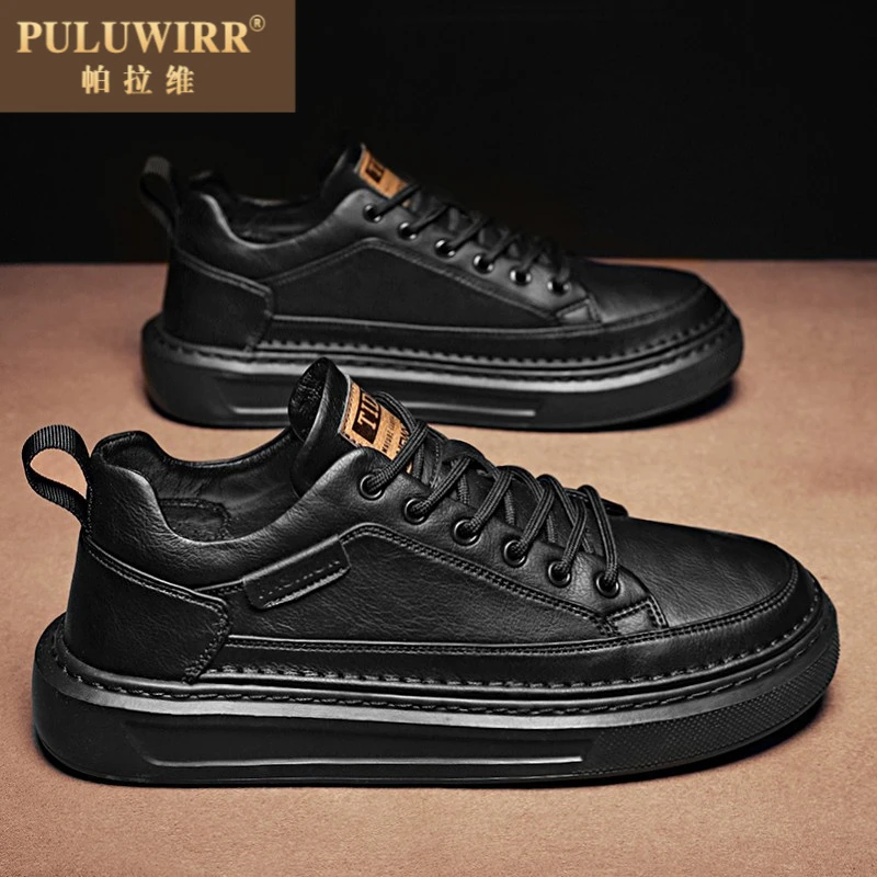 男鞋2025新款夏季真皮软底休闲工作皮鞋男士运动黑色厚底增高板鞋