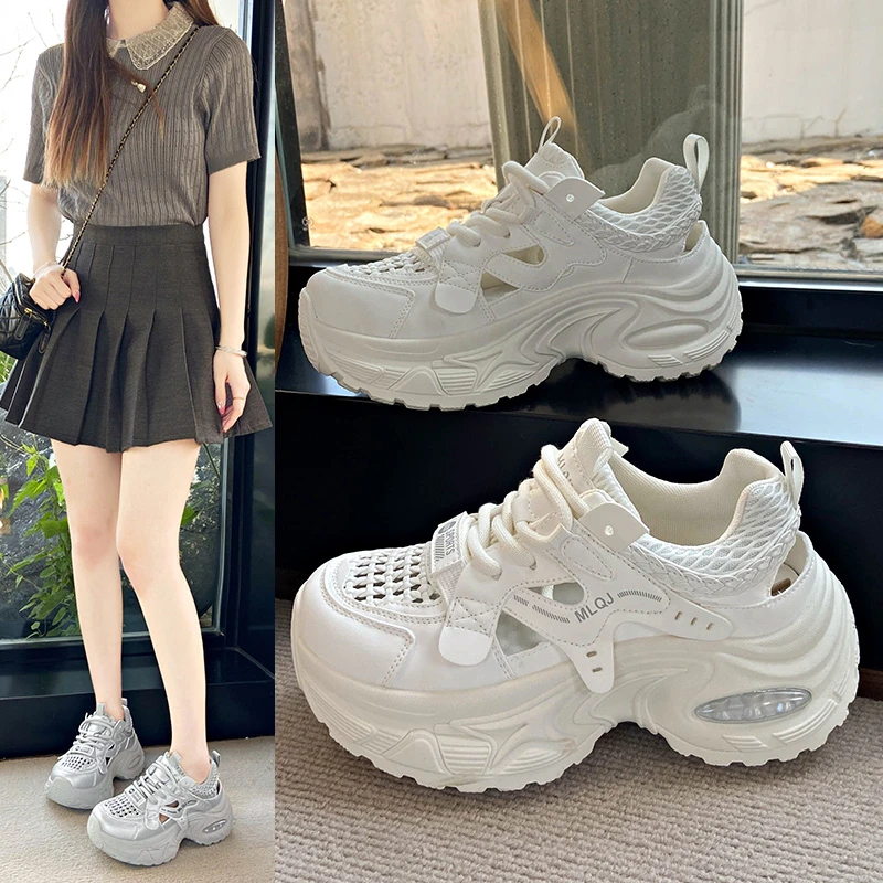 小白鞋透气镂空夏季网红增高百搭时尚休闲鞋纯色女鞋厚底小个子