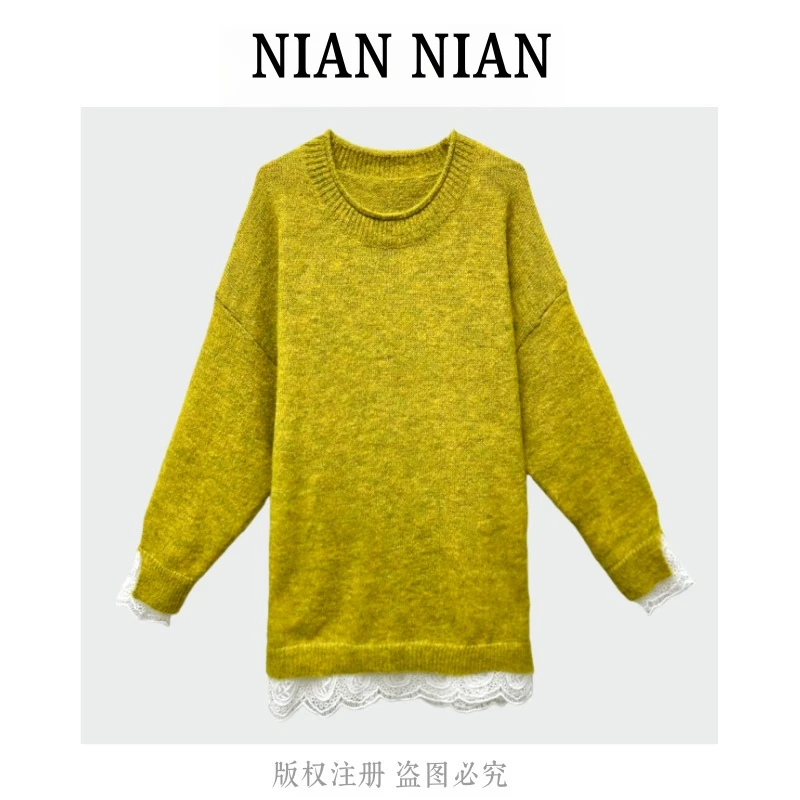 【甜心少女】年年2025新款宽松洋气时尚拼接蕾丝设计针织衫毛衣