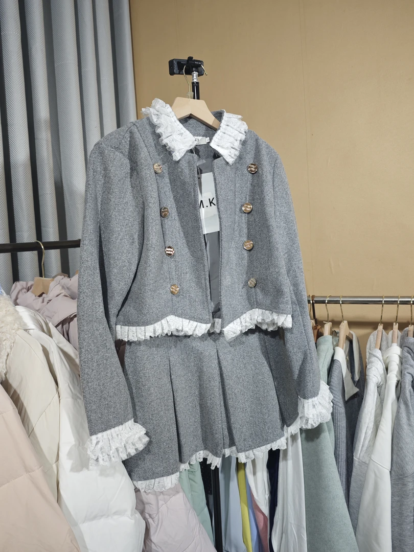 79-199小香风时尚套装百褶套装蕾丝蓝色女装连衣裙韩版气质