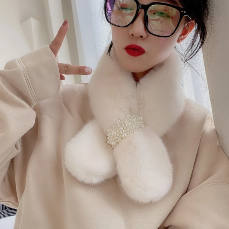 女保暖极简风韩版围巾甜美学生围脖白色人造毛绒秋冬季