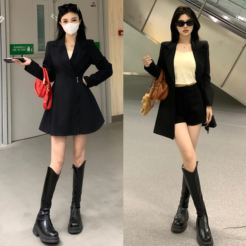 大码长袖西装连衣裙女装春季2025新款显瘦胖MM赫本风W0432L