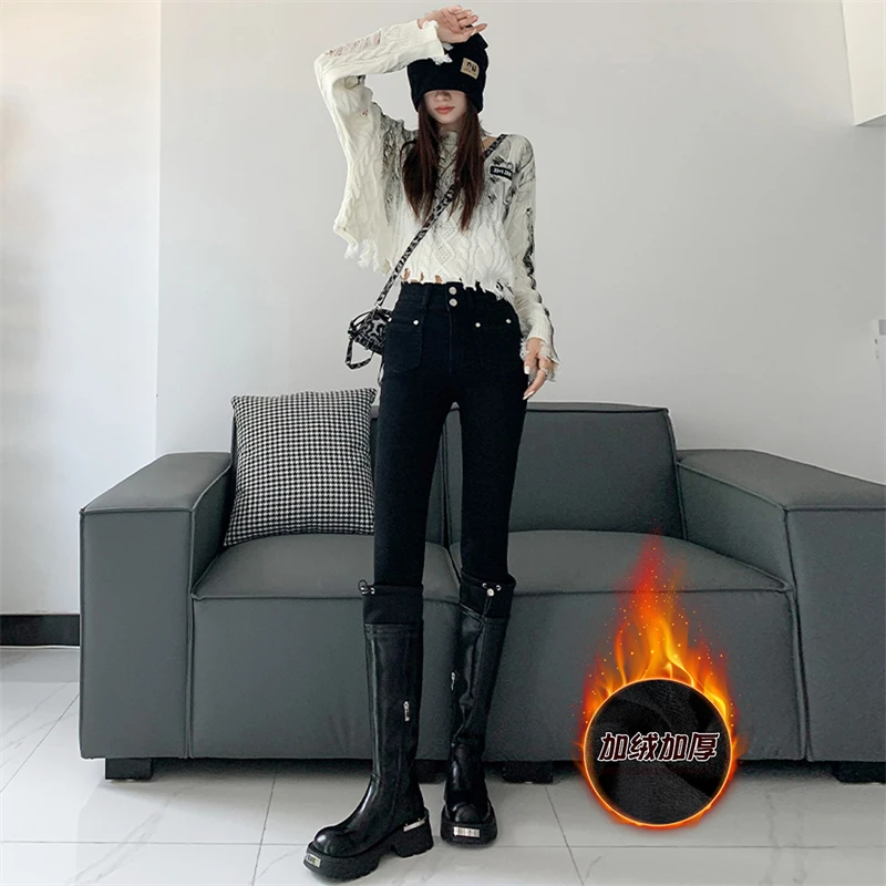 黑色加绒加厚小脚裤2025秋装新款高腰显瘦紧身简约气质风铅笔裤