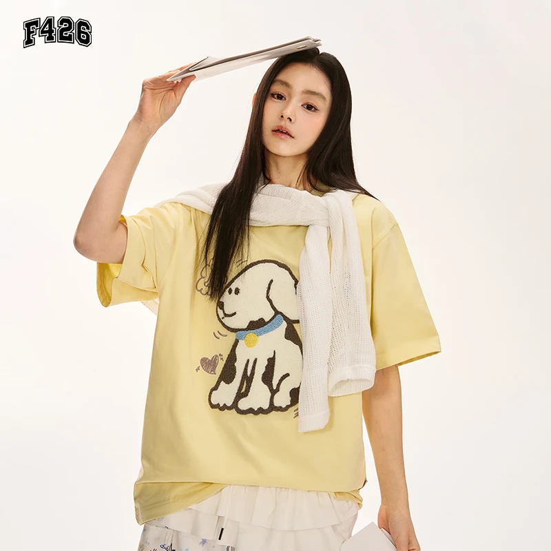 F426毛巾绣涂鸦小狗短袖夏季宽松T恤6708