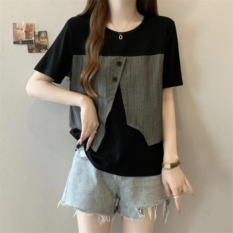 高级感不规则马甲叠穿正肩短袖T恤女2025夏季大码胖mm假两件上衣