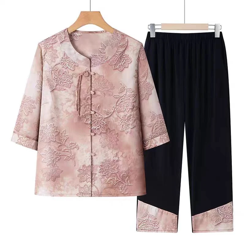 9304-老年人夏装女衬衫奶奶衬衣两件套喜婆婆装套装【李亚厂家】