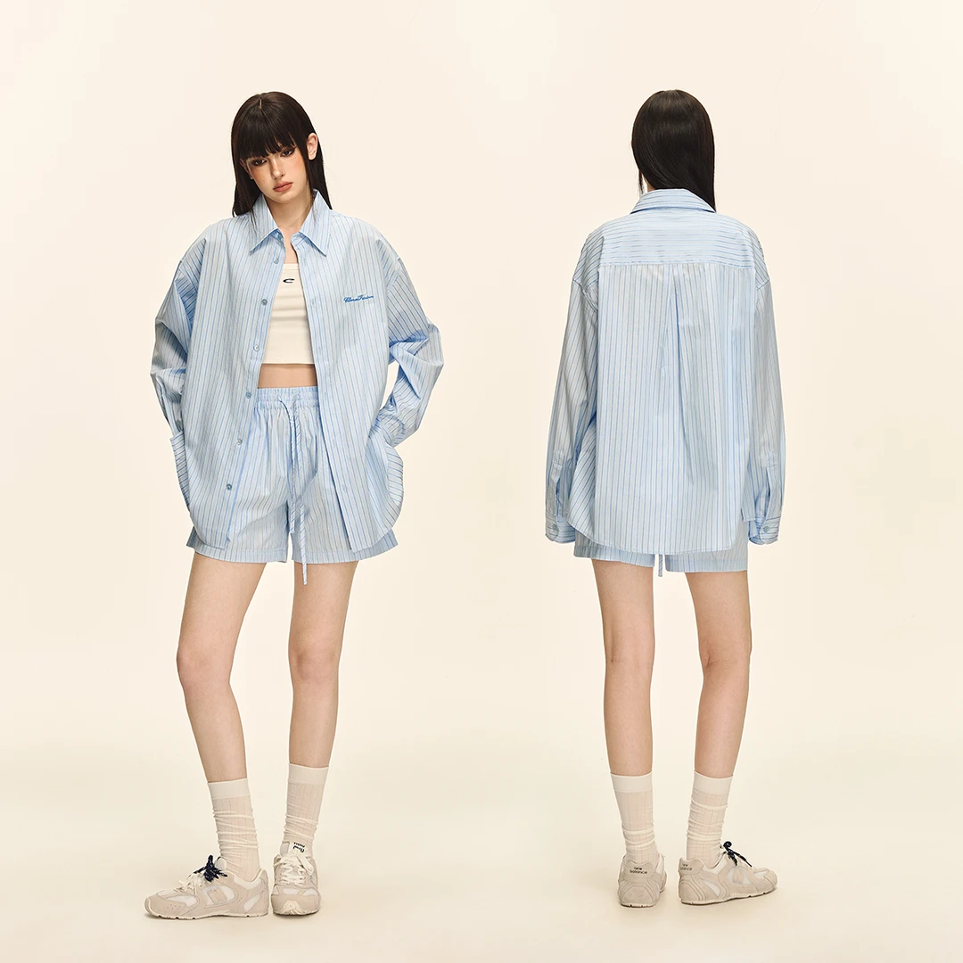 CLIMAX VISION刺绣logo撞色竖条纹休闲宽松衬衫/凉爽休闲短裤