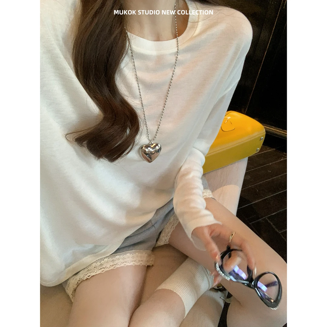 MUKOK 极简棉柔衫~长袖羊毛针织衫女春季新款纯色宽松百搭打底T恤