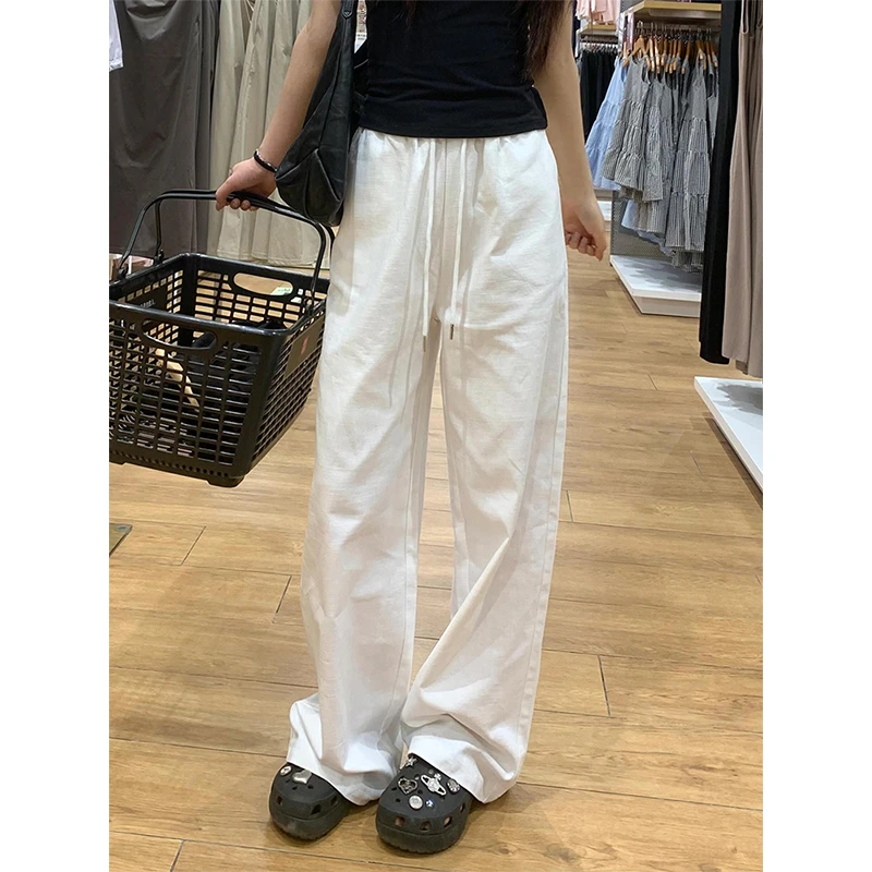 白色薄款阔腿休闲裤女夏季新款松紧腰宽松显瘦百搭垂感直筒长裤子