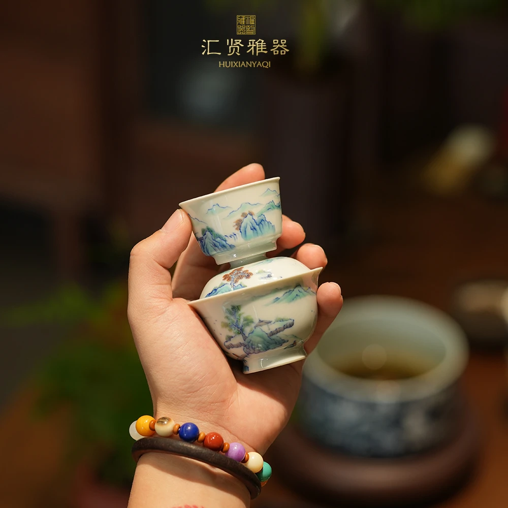 青花斗彩山水迷你盖碗70cc一碗一杯套装手工纯手绘茶器茶具茶套组