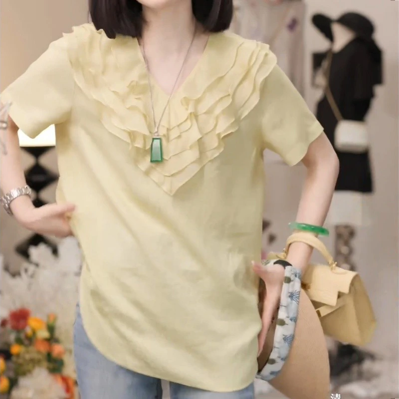 波浪花边短袖t恤女减龄爆款2025夏季新款设计感小众上衣出游衣服