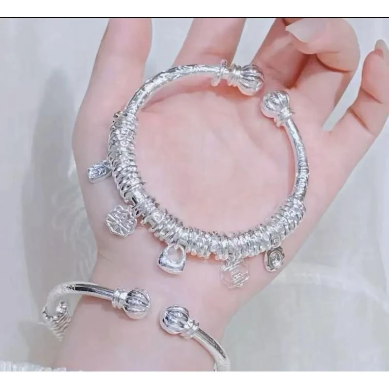 足银手镯 南瓜头盘缠999.9银手镯带吊坠手工錾刻银镯子情人节礼物