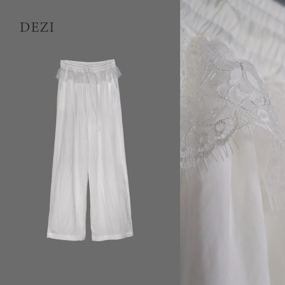 DEZI宝藏衣橱褶皱面料垂顺拼接蕾丝休闲直筒裤女春夏LS1151066