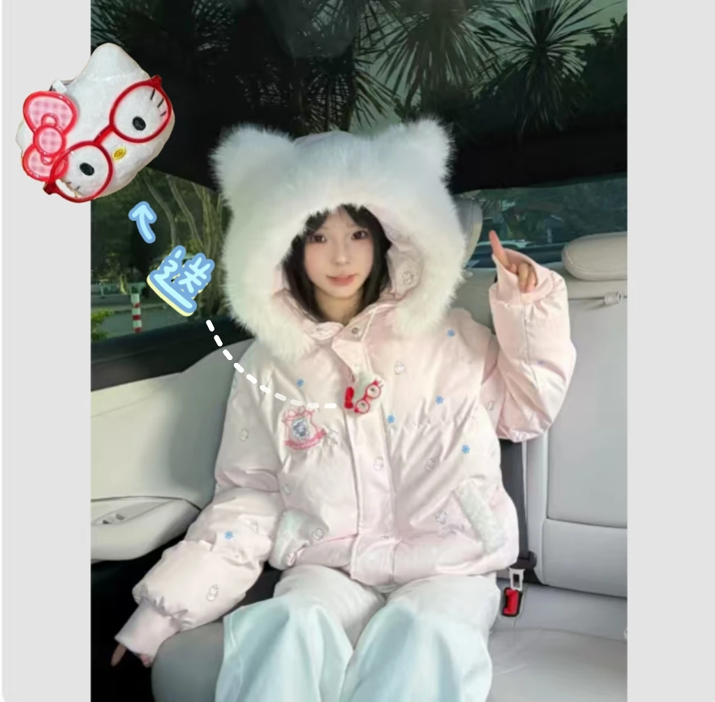 【送挂件】甜美可爱满印雪人毛领连帽棉服女冬季保暖刺绣面包服外套