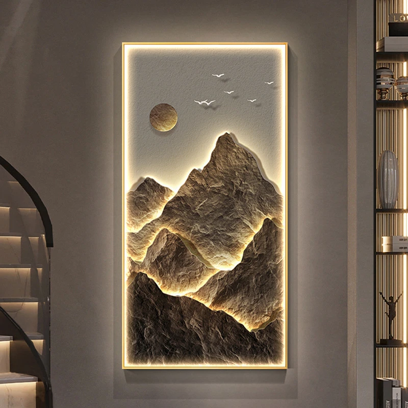 现代轻奢入户玄关装饰画日照金山发光壁灯画靠山走廊过道山水挂画
