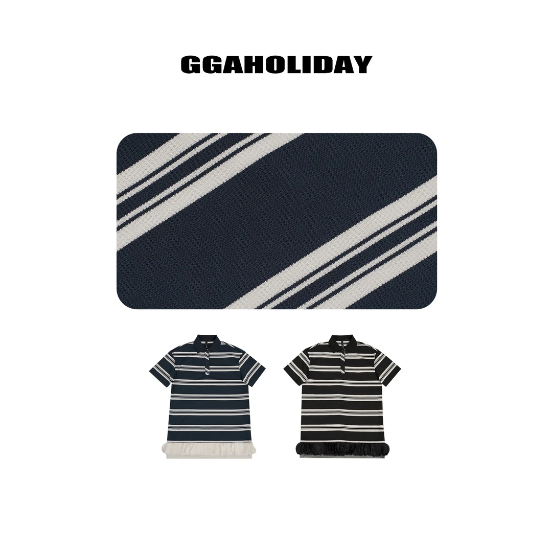 设计师原创时尚宽松休闲复古撞色翻领条纹短袖T恤连衣裙-152330