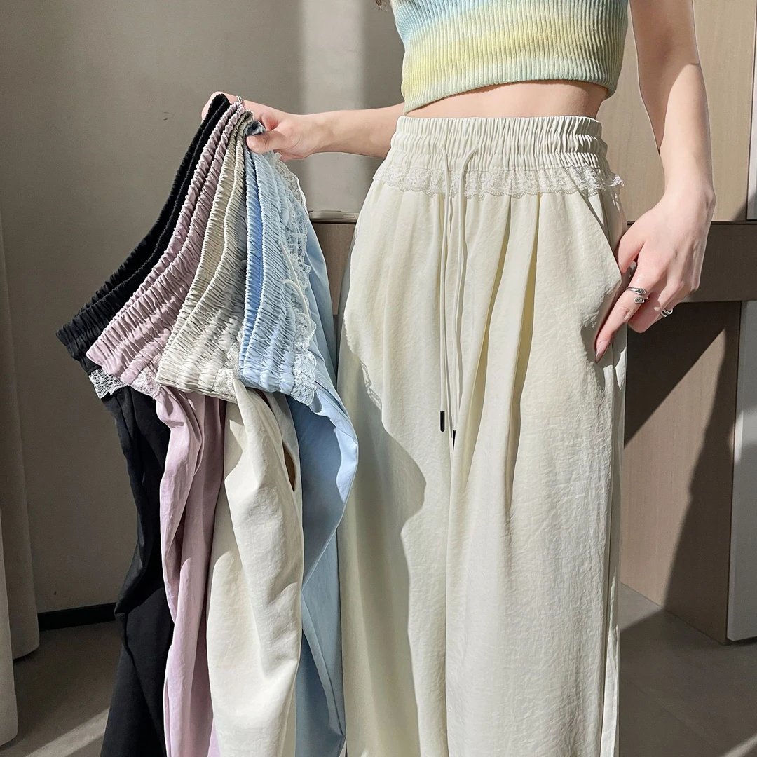 蕾丝花边抽绳阔腿裤女夏慵懒风松弛感休闲山本裤拖地