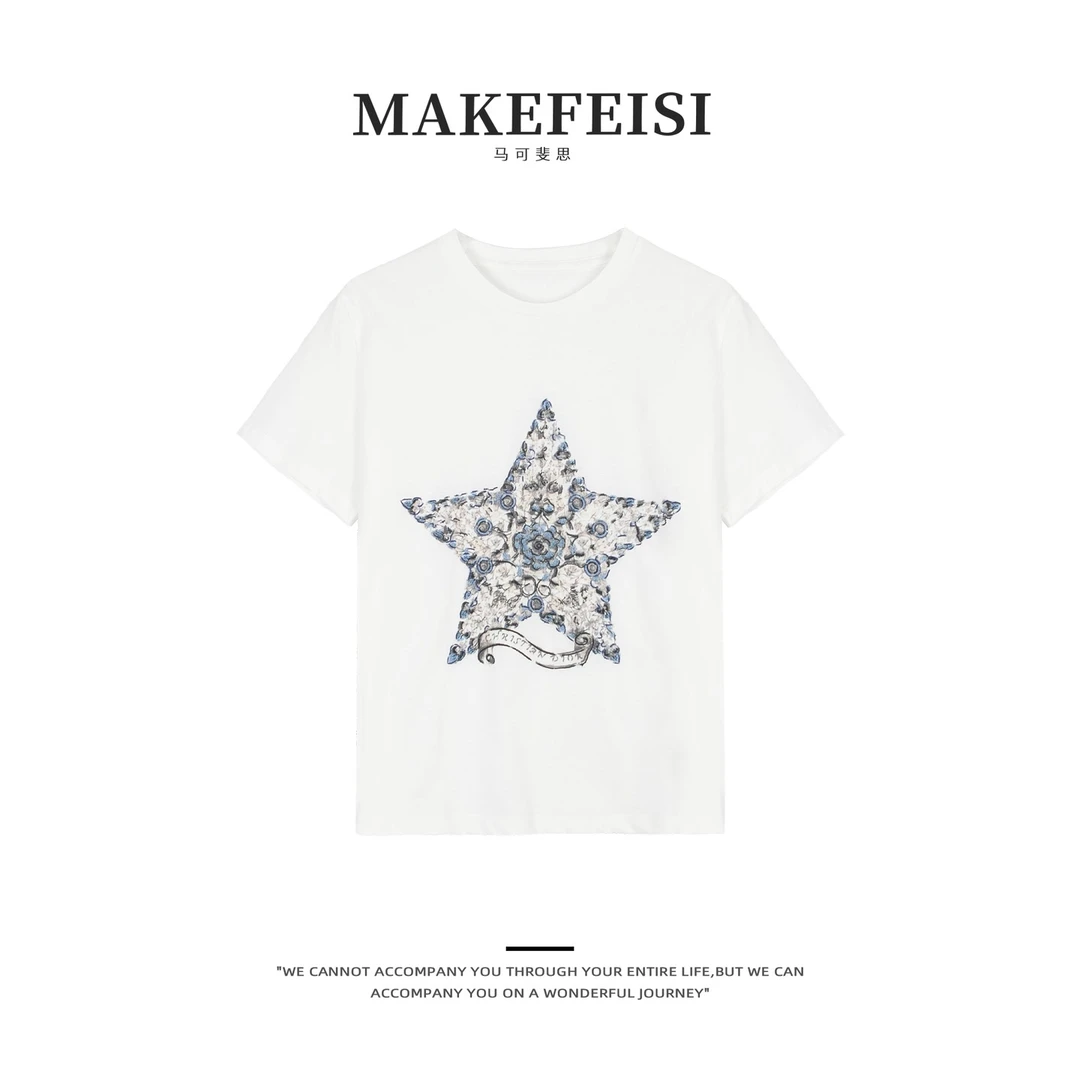 五角星|D家明星同款花卉重工刺绣短袖T恤SY879