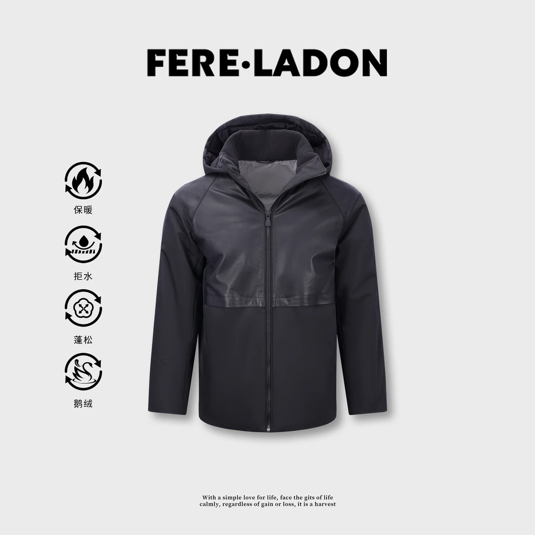 【85鹅绒服/牛羊皮拼接】冬季时尚中长款配皮连帽男士羽绒服-867632