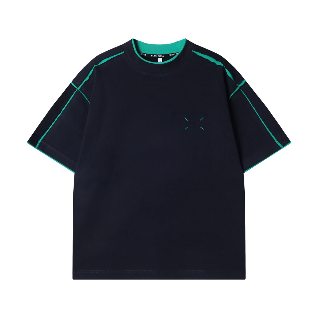 夏季新款时尚个性撞色缝线拼接设计圆领套头基础通勤百搭上衣