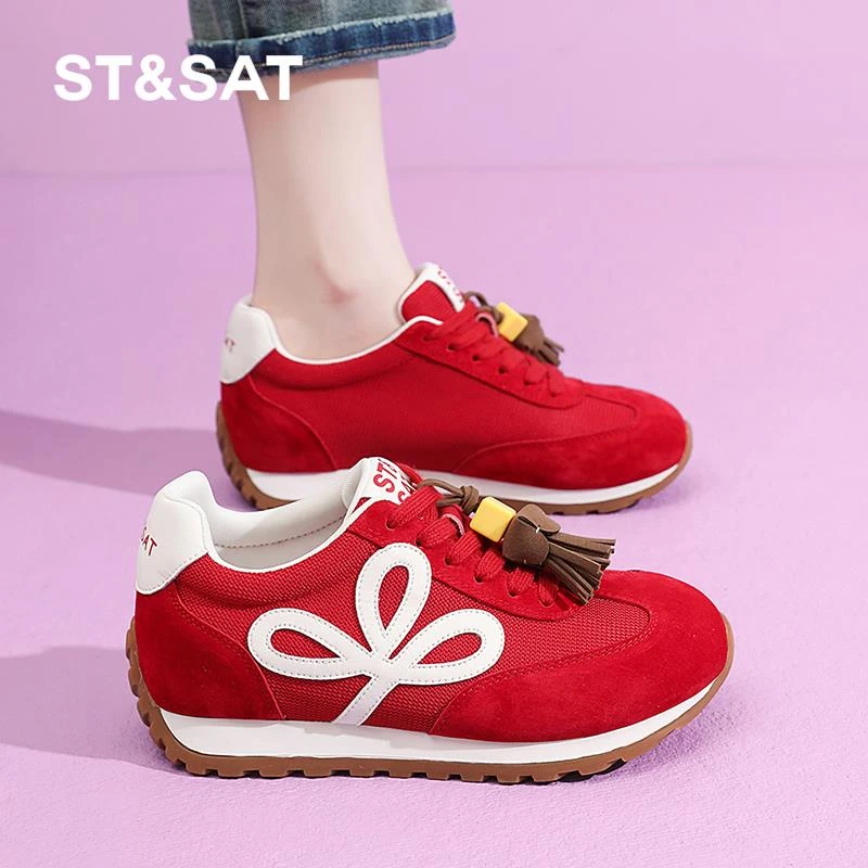 星期六德训鞋女厚底2025早秋新款超火红色运动巨好看芭蕾阿甘鞋