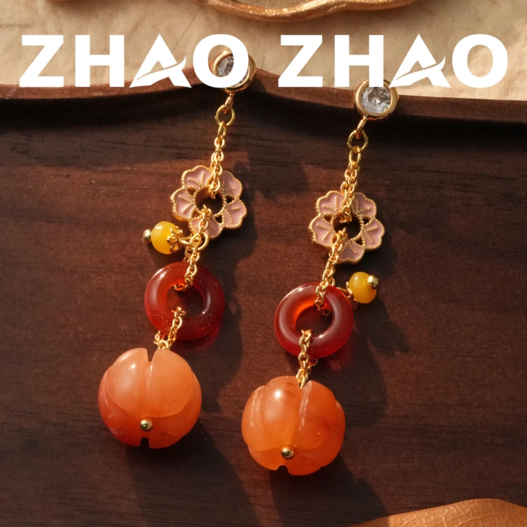 铜合金耳饰 「柿柿如意」新中式款手工气质复古长款