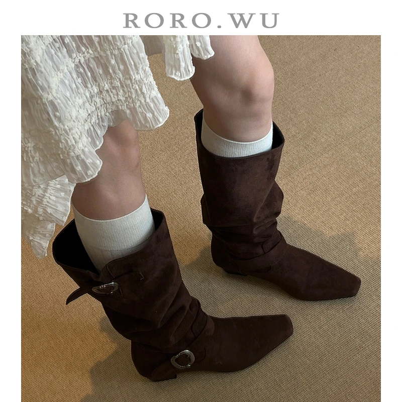 娆娆吴·复古日常百搭气质秋冬中筒西部牛仔尖头堆堆靴X400