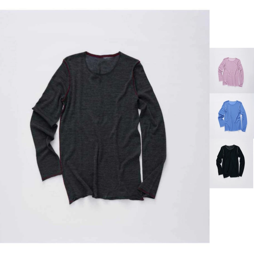 REFOUND TEN  25早秋新品染色拼接圆领长袖休闲T恤短款宽松型修身