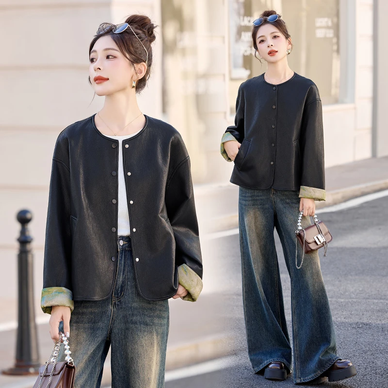 休闲时尚复古印花拼接皮衣外套女2025年春秋新款宽松百搭短款上衣