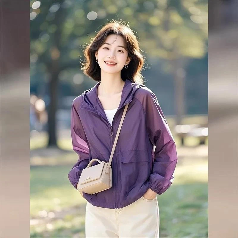 2025夏季新款女士时尚洋气紫色冰丝连帽防晒衫减龄气质短款空调衫