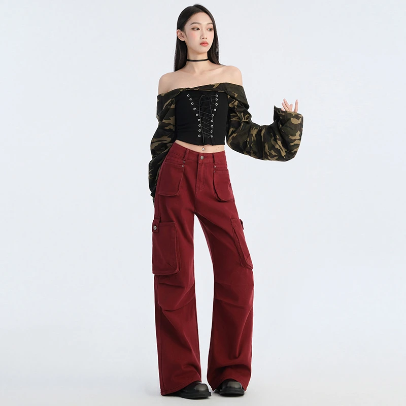 安可拉红高腰工装牛仔裤女秋早春新款设计感多口袋宽松显瘦阔腿裤
