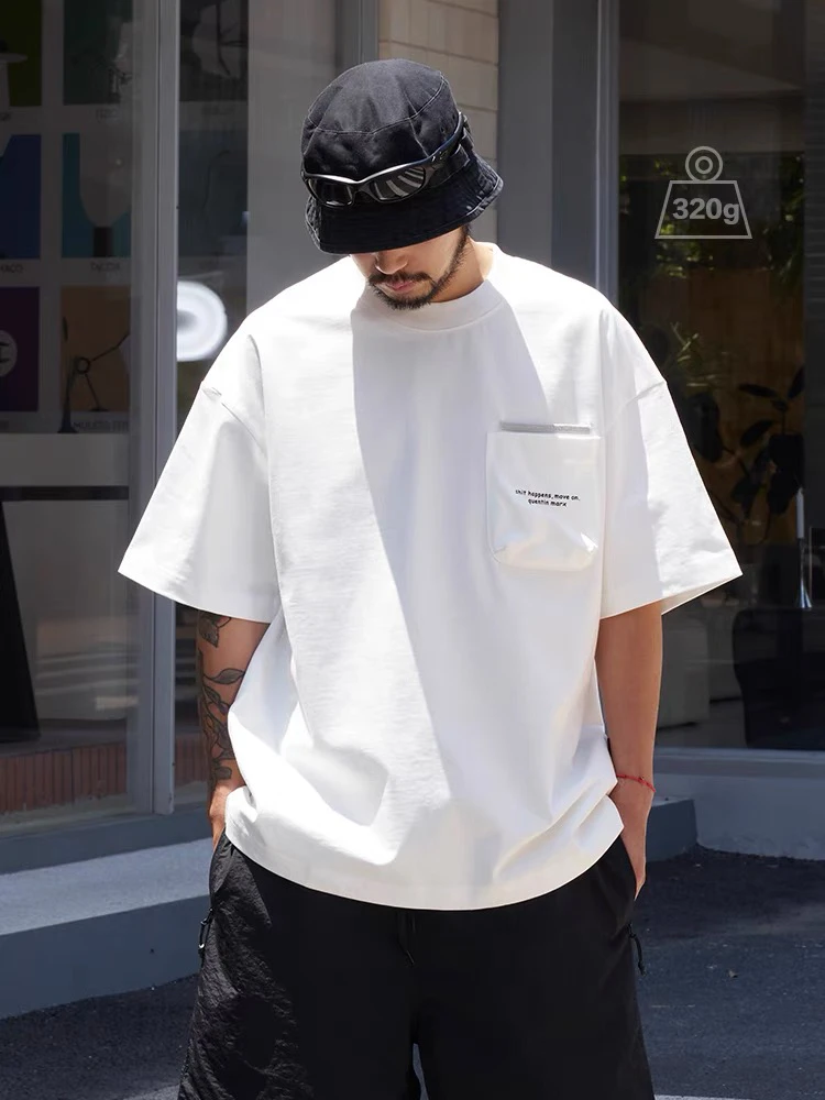 Quentin Marx男士重磅纯棉短袖T恤宽松圆领口袋印花简约男装夏季