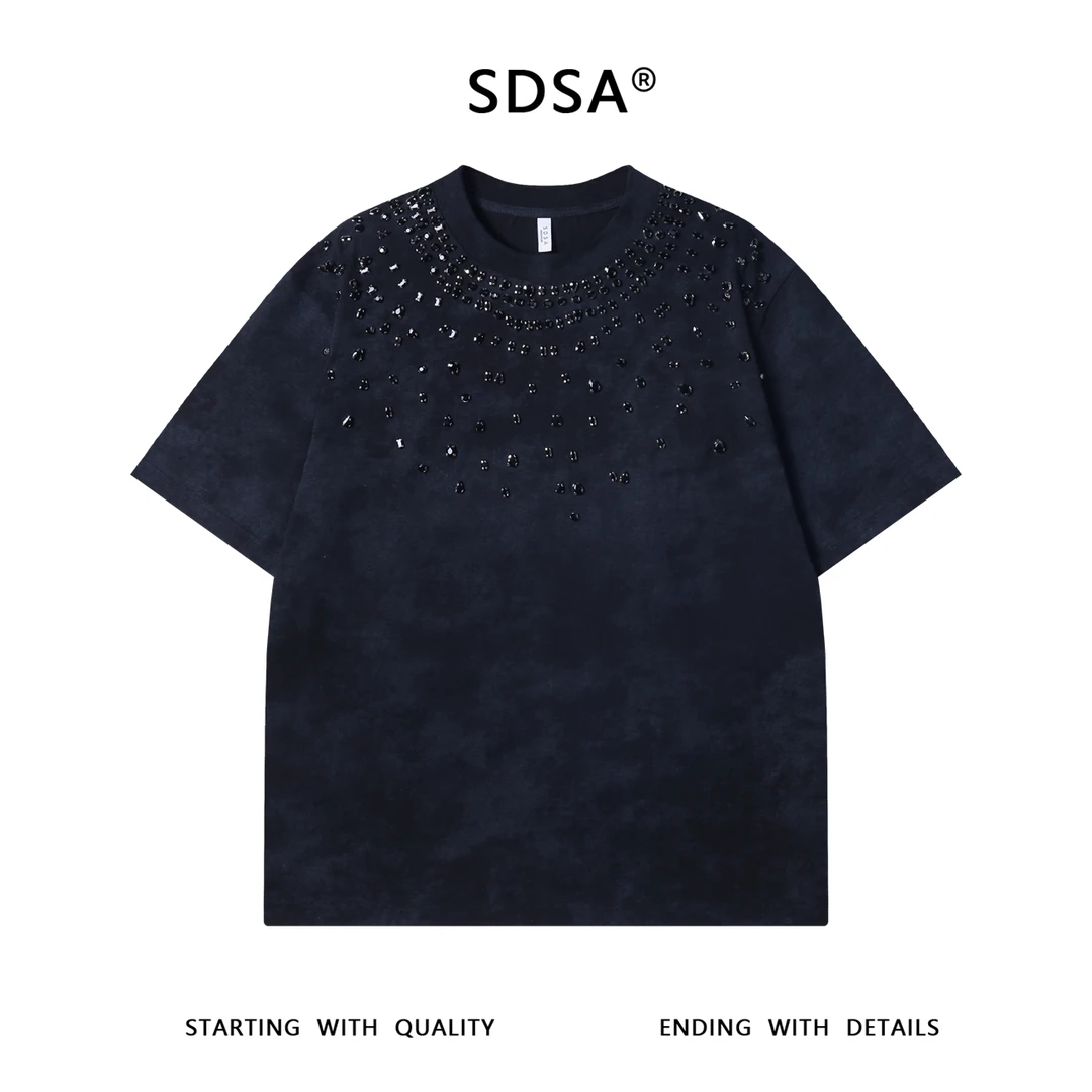 夏季高级感新款美式潮牌领口立体钻短袖T恤百搭潮流装饰套头上衣