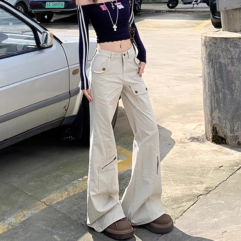 美式工装微喇牛仔裤女2025春新款高腰显瘦多口袋不贴腿拖地喇叭裤